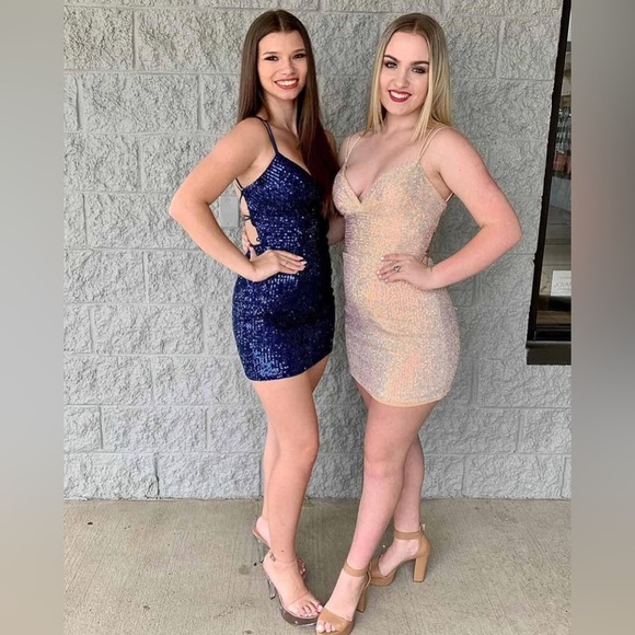 Women's Blue Sequins Tight Short Open Back Homecoming Prom Dress - Picture 3 of 7